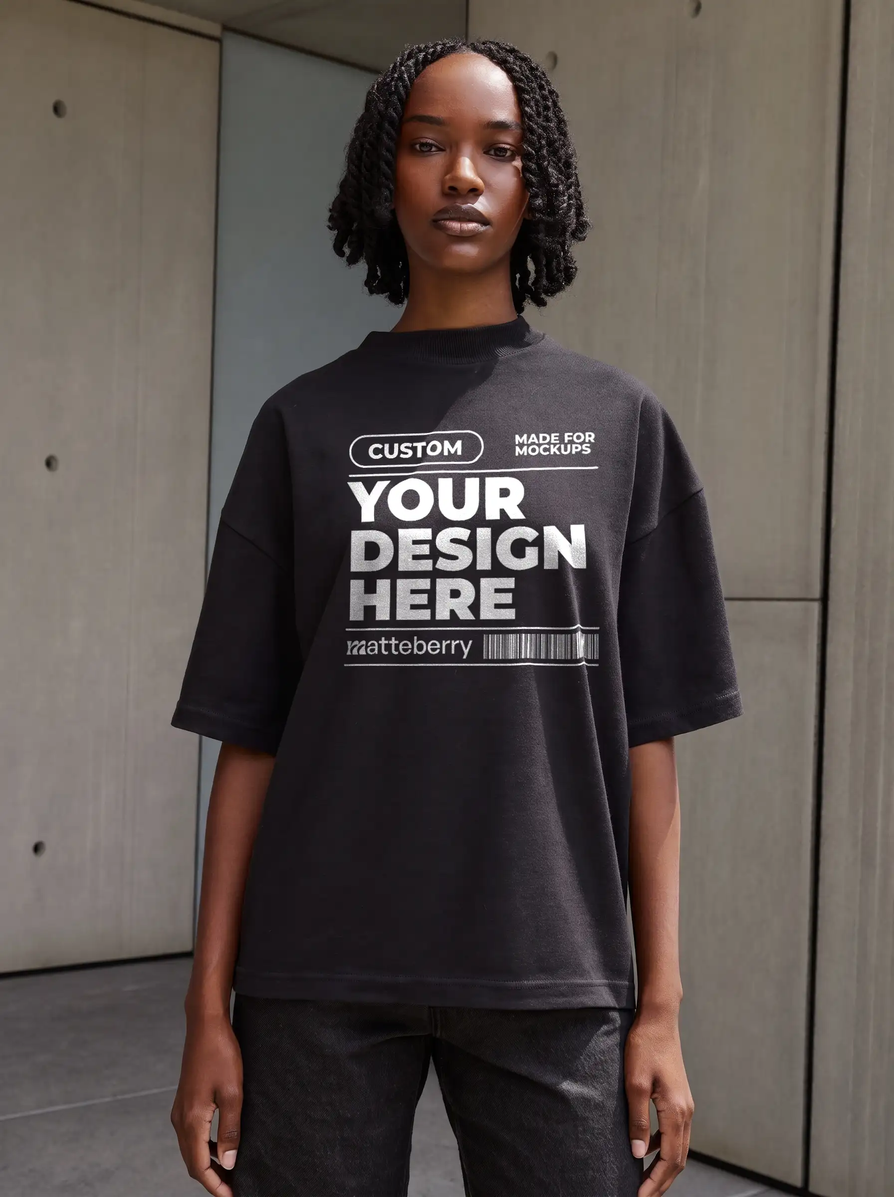 Woman in a black oversized tee